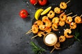 Grilled seafood. Delicious Grilled shrimps with spice, lemon