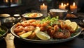 Grilled seafood, meat, freshness on plate, lemon, barbecue, healthy eating generated by AI