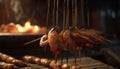 Grilled seafood and meat on skewers, cooked over glowing coals generated by AI Royalty Free Stock Photo