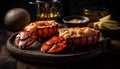 Grilled seafood plate with crab claw, prawn, and lobster steak generated by AI Royalty Free Stock Photo