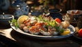 Grilled seafood plate, fresh and healthy, served on crockery generated by AI Royalty Free Stock Photo