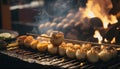 Grilled seafood scallop and sea urchin eggs skewer with smoke, japanese street food at Tsukiji Fish Market, Japan. Generative Ai