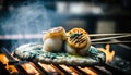 Grilled seafood scallop and sea urchin eggs skewer with smoke, japanese street food at Tsukiji Fish Market, Japan. Generative Ai