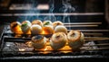 Grilled seafood scallop and sea urchin eggs skewer with smoke, japanese street food at Tsukiji Fish Market, Japan. selective focus