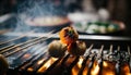 Grilled seafood scallop and sea urchin eggs skewer with smoke, japanese street food at Tsukiji Fish Market, Japan. selective focus