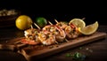 Grilled seafood skewers, fresh lemon garnish, gourmet meal generated by AI