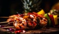 Grilled seafood skewers, gourmet appetizer on plate generated by AI
