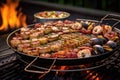 grilled seafood skewers beside paella pan