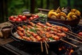 grilled seafood skewers beside paella pan