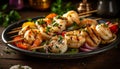 Grilled seafood skewers with savory cilantro sauce generated by AI