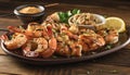 Grilled seafood skewers with savory dipping sauce generated by AI