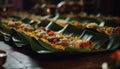 Grilled seafood skewers on yellow crockery plate generated by AI