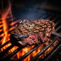 Grilled seasoned steak on an open flame.