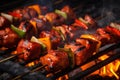Grilled shashlik with meat and bell peppers on barbecue