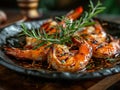 Grilled shimps in a black plate , food photography ,