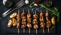 Grilled shish kebab with baked potato Royalty Free Stock Photo