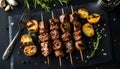 Grilled shish kebab with baked potato Royalty Free Stock Photo