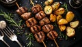 Grilled shish kebab with baked potato Royalty Free Stock Photo