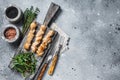 Grilled shish kebab with Chicken meat, poultry skewers with salad. Gray background. Top view. Copy space Royalty Free Stock Photo