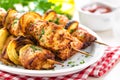 Grilled shish kebab or shashlik on skewers closeup on white background Royalty Free Stock Photo