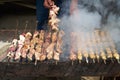 Grilled shish kebab with vegetables. BBQ grill with lamb meat and potatoes Royalty Free Stock Photo