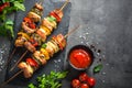 Grilled shish kebab with vegetables on black. Royalty Free Stock Photo