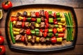 Grilled shish kebabs on skewers with vegetables on wooden table