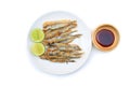 Grilled shishamo fish served with lemon and sweet sauce on plate over white background - Japanese food