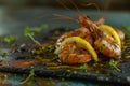 grilled shrimp arranged on a dark slate with lemon accents, herbs, and vibrant spices scattered artistically.