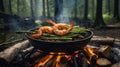 Grilled Shrimp and Asparagus Over Campfire in Forest Setting for Gourmet Outdoor Dining Royalty Free Stock Photo
