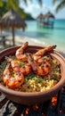 Grilled shrimp with couscous by beachfront tiki huts on sunny tropical island Royalty Free Stock Photo
