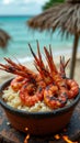 Grilled shrimp on couscous at seaside with tiki huts and ocean view Royalty Free Stock Photo