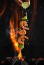 Grilled shrimp and mussel skewers over coal heat on fire and smoke background. Still life, food advertisement