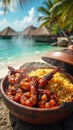 Grilled shrimp and rice by tropical beach with palm huts and blue ocean Royalty Free Stock Photo