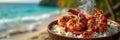 Grilled shrimp on rice: tropical beachfront culinary delight Royalty Free Stock Photo
