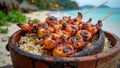 Grilled shrimp skewers on rice by tropical beach Royalty Free Stock Photo