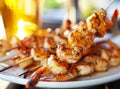 Grilled shrimp skewers. Seafood, shelfish. Shrimps Prawns skewers with spices and fresh herbs on white plate, copy space