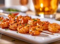 Grilled shrimp skewers. Seafood, shelfish. Shrimps Prawns skewers with spices and fresh herbs on white plate, copy space