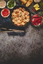 Grilled shrimps in cast iron grilling pan with fresh lemon, parsley, chili, garlic white wine sauce Royalty Free Stock Photo