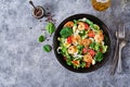 Grilled shrimps and fresh vegetable salad and egg. Grilled prawns. Royalty Free Stock Photo