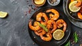 Grilled shrimps on a plate are served with lemon and spices, Ai Generated