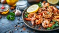 Grilled shrimps on a plate are served with lemon and spices, Ai Generated