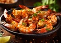 Grilled shrimps prawns on plate with lemon.Macro.AI generative