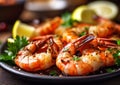 Grilled shrimps prawns on plate with lemon.Macro.AI generative