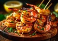 Grilled shrimps prawns on sticks with lemon and sauce on table.Macro.AI Generative