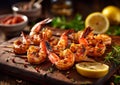 Grilled shrimps prawns on sticks with lemon and sauce on table.Macro.AI Generative