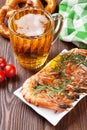 Grilled shrimps, pretzel and beer mug Royalty Free Stock Photo