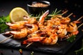 Grilled shrimps with seasoning on dark background