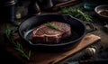 Grilled Sirloin Steak in a cast iron skillet on a wooden board in a moody light kitchen Ai Generate Royalty Free Stock Photo