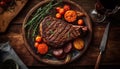 Grilled sirloin steak, fresh tomato slice, rustic background generated by AI